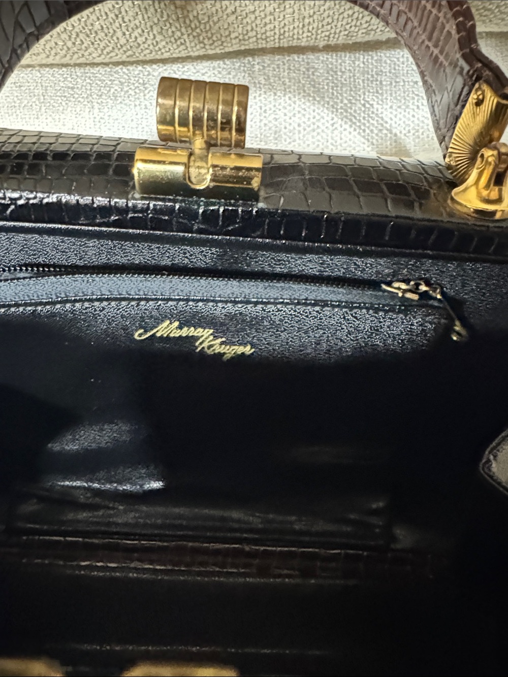 Black Croc-Embossed Leather Top-Handle Bag
